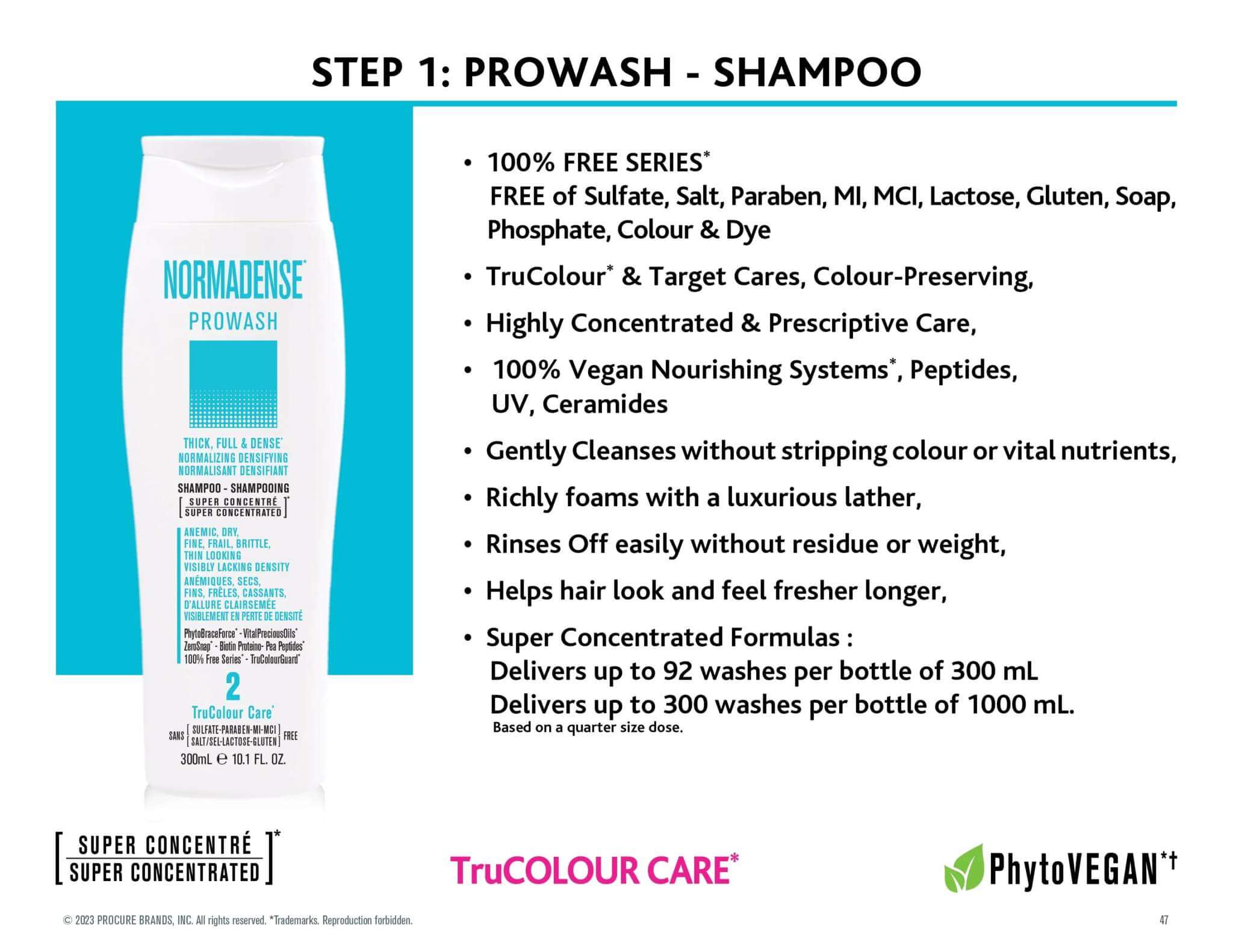 Trio NORMADENSE 2 Vegan Prowash Shampoo features, TruColour Care, PhytoVEGAN benefits, 100% free of harmful ingredients, gentle and luxurious lather.