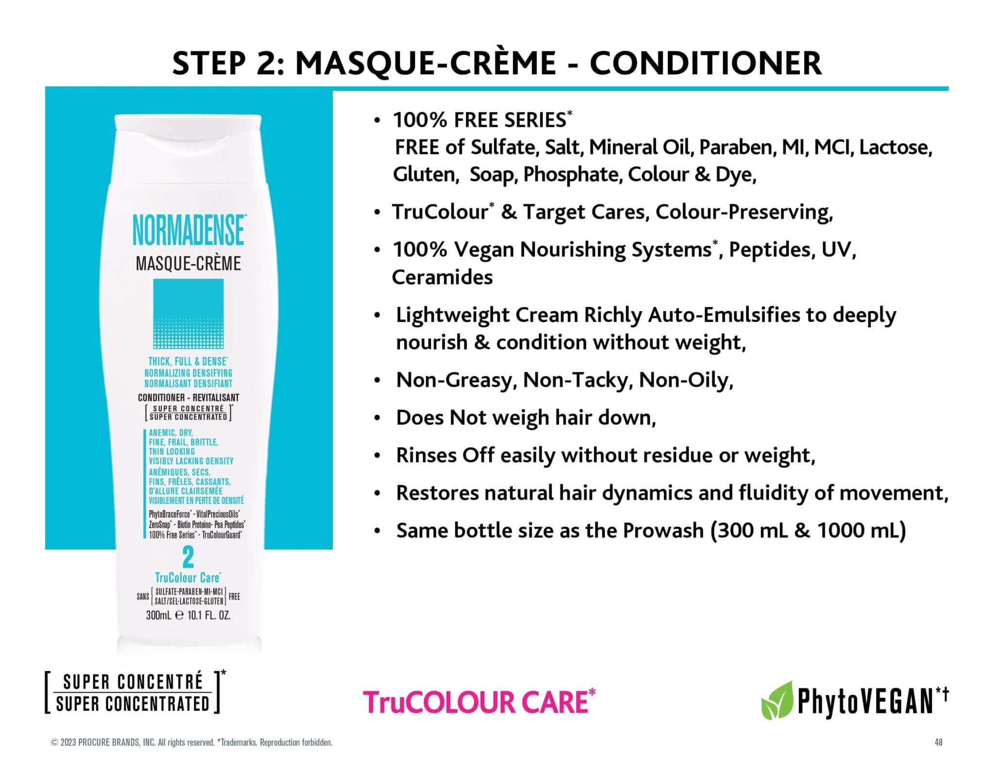 NORMADENSE Masque-Crème Conditioner benefits and features, highlighting vegan formula, 100% free series, and nourishing the hair without weighing it down.