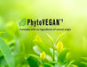 "PhytoVEGAN logo with green leaves background and text 'Formulas with no ingredients of animal origin'"